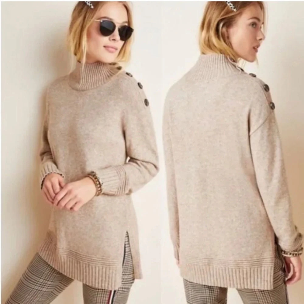 Anthropologie Margarita Tunic Sweater Tan Button Shoulder Detail Mock Neck